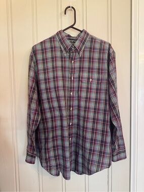 Men’s Vintage Button-Down Plaid Shirt - Blue & Pink Lazarus Large